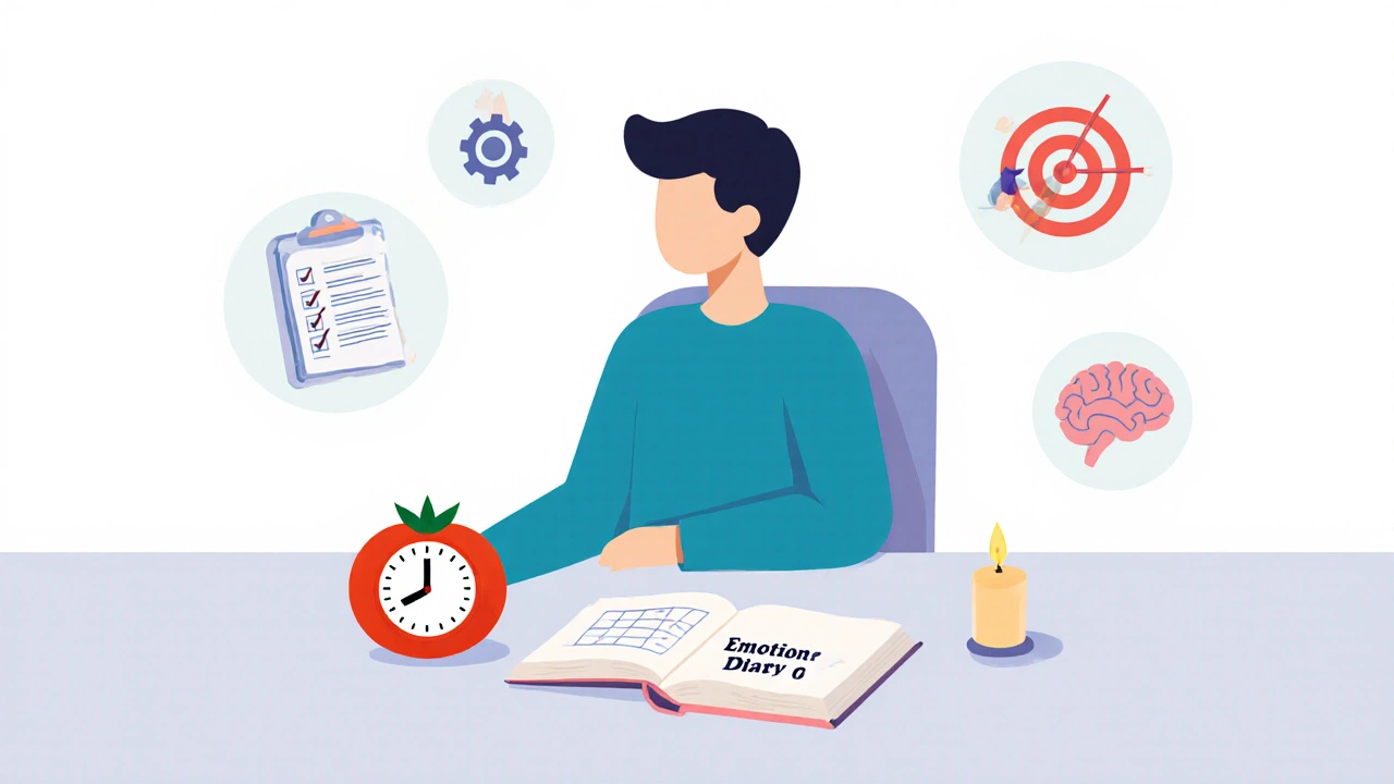 Человек использует помидор‑таймер, пишет дневник эмоций и медитирует