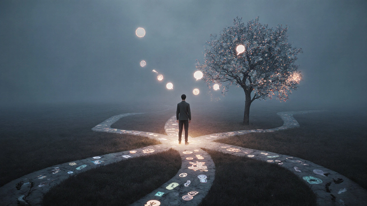 Человек на перекрестке с шестью путями, каждый из которых представляет один психологический подход.