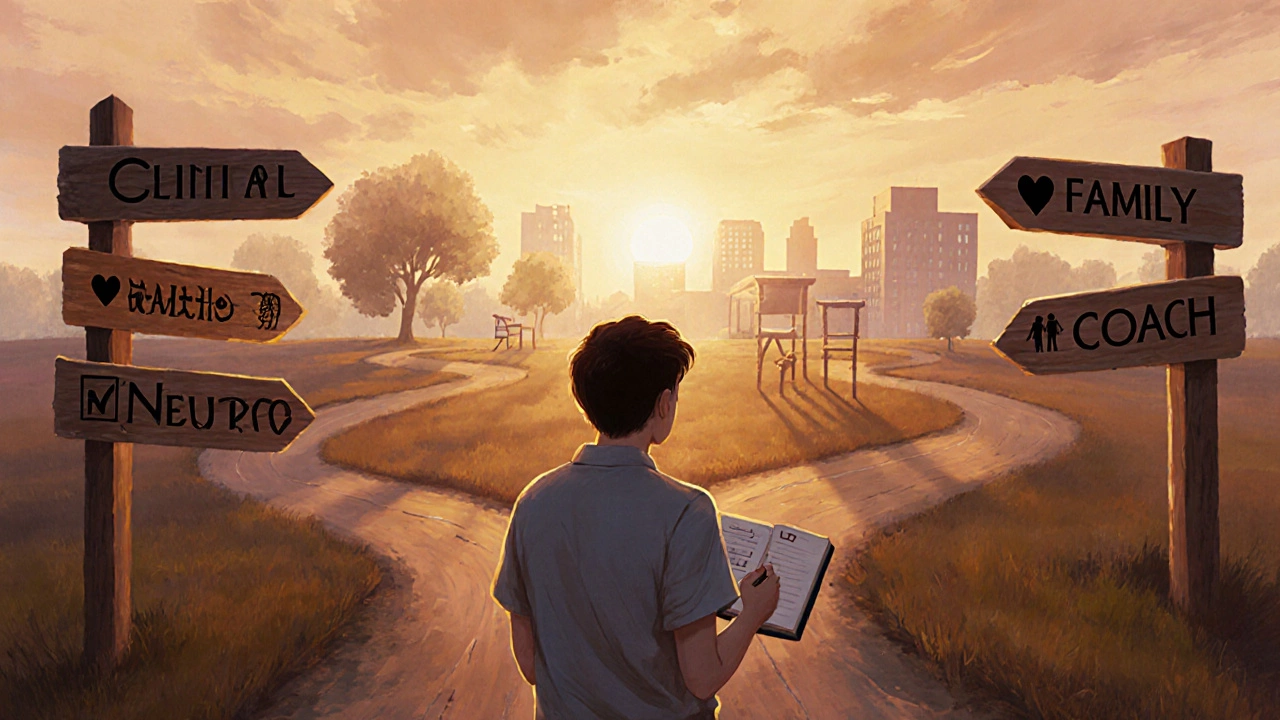 Человек стоит на перекрёстке дорог с указателями разных специализаций психологов, выбирая путь.