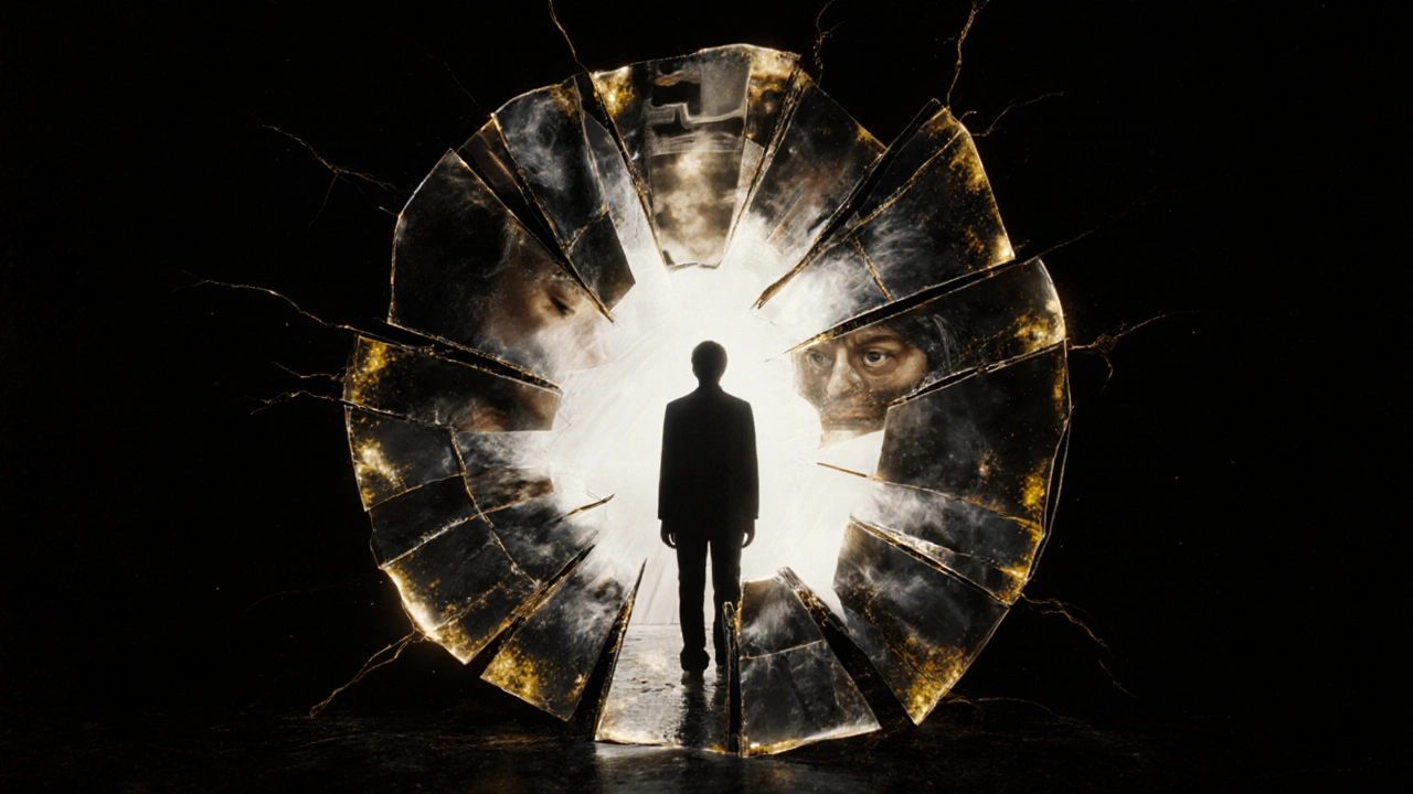 Человек стоит перед разбитым зеркалом, из трещин пробивается свет