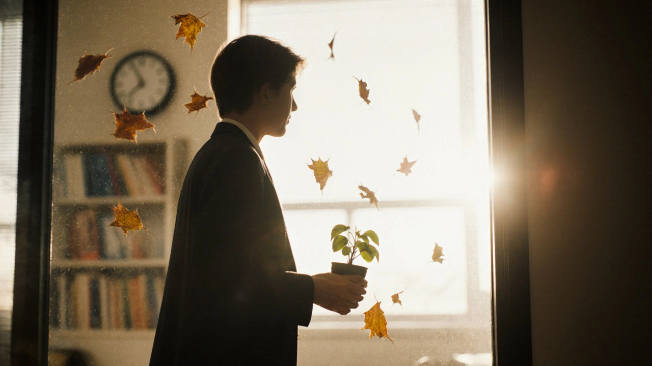 Человек уходит от двери кабинета психолога, держа маленькое растение