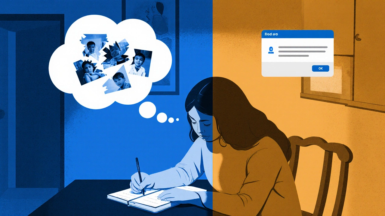 Человек ведёт дневник эмоций, над головой — связи между прошлым и настоящим.