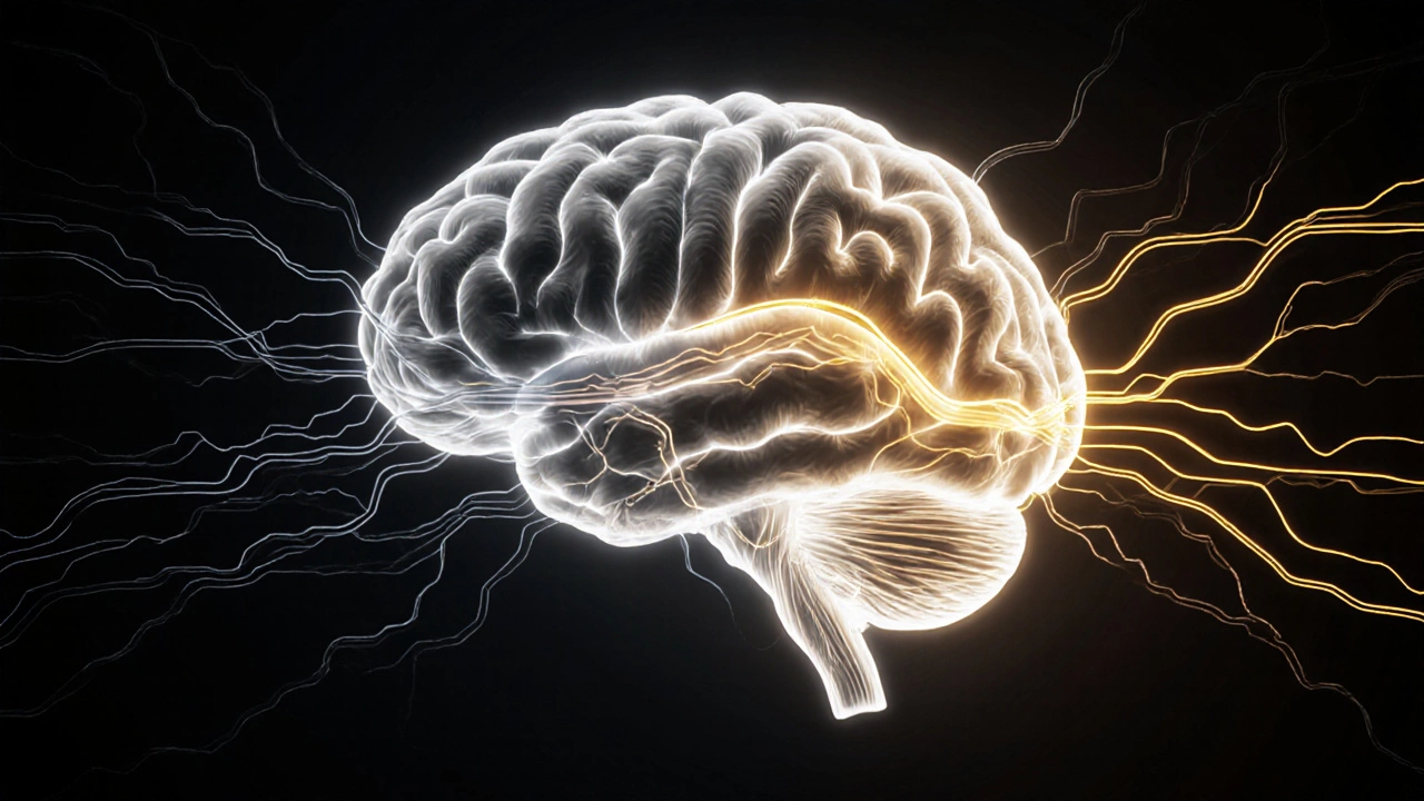 Головной мозг с новыми нейронными путями, формирующимися через осознанные действия.
