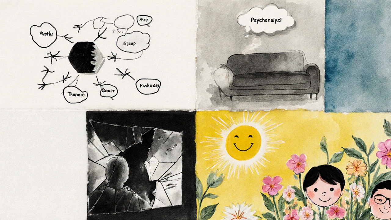 Коллаж, показывающий четыре подхода психотерапии: КТП, психоанализ, гештальт, позитивную психологию.