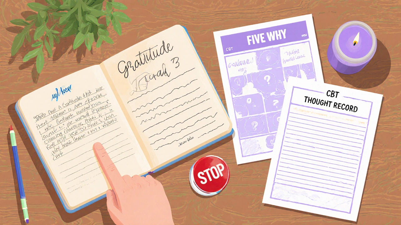 Набор психологических инструментов: журнал благодарности, кнопка «Стоп», лист «Пять почему».