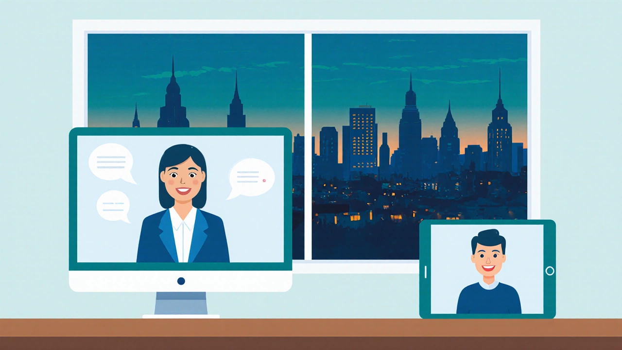 Онлайн‑видеоконсультация через госпортал: пользователь за компьютером, психолог на экране, на фоне Новосибирска.