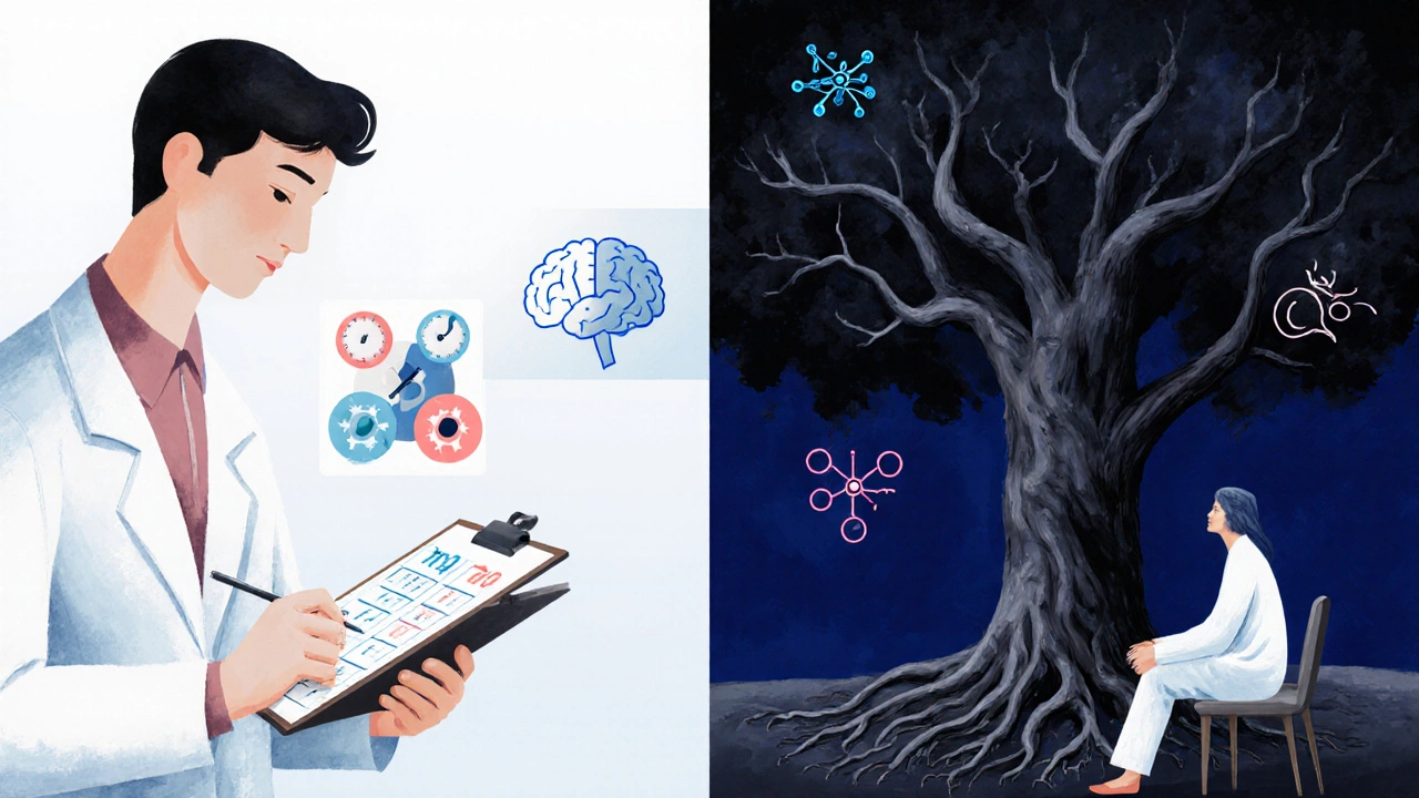 Разделенная иллюстрация: поведенческая терапия слева, психоанализ справа, с символическими элементами.