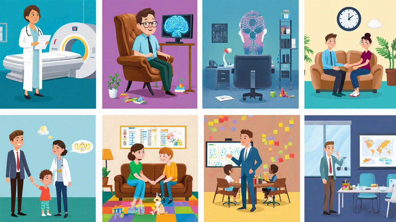 Разные психологи: клинический в больнице, нейропсихолог с МРТ, семейный с парой, детский с игрушками, организационный в офисе, коуч в коворкинге.