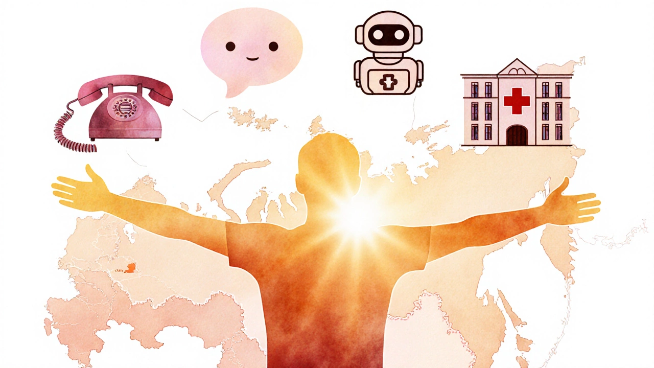 Схематическое изображение разных бесплатных каналов помощи, объединяющихся в образ поддержки.