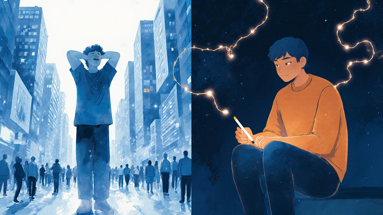 Символическое изображение: человек в шумном городе и в тихом пространстве, соединённые светящейся нитью.