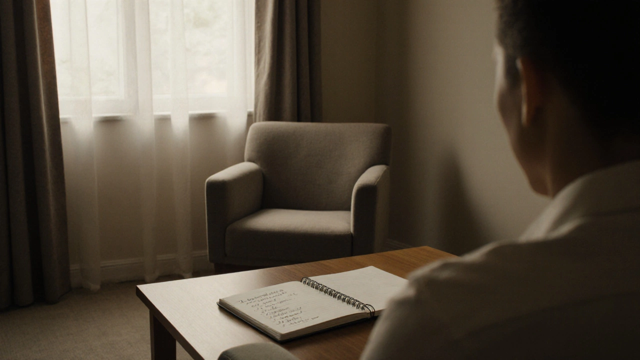 Тихая комната для терапии с открытой тетрадью и пустым креслом.