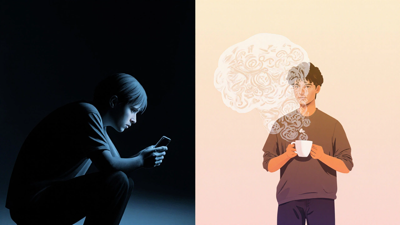 Два образа одного человека: слева — в тени с тревогой, справа — в свете с уверенностью, старые мысли растворяются.