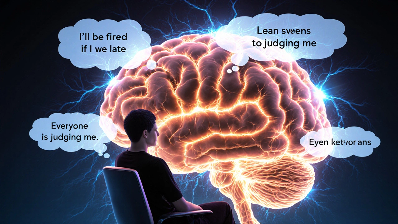 Glowing brain with cognitive distortions floating above, representing thought patterns.