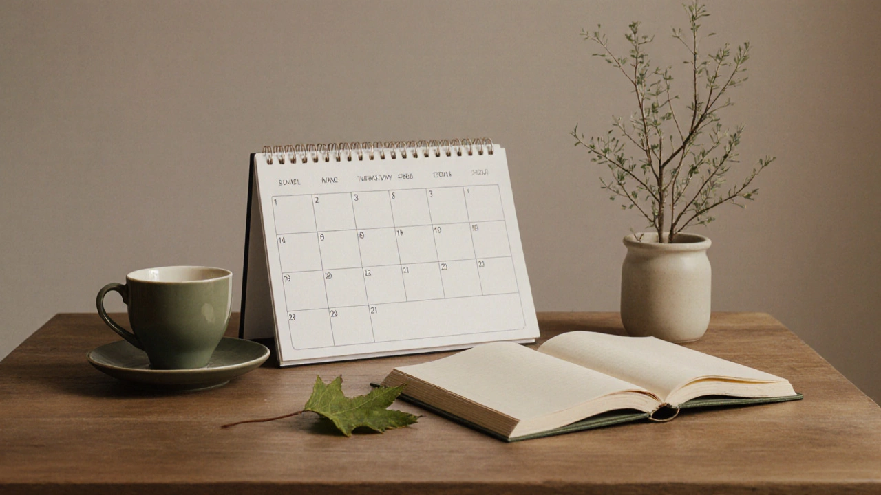 Календарь с отмеченными сессиями, тетрадь и чашка на столе — символ роста и времени.