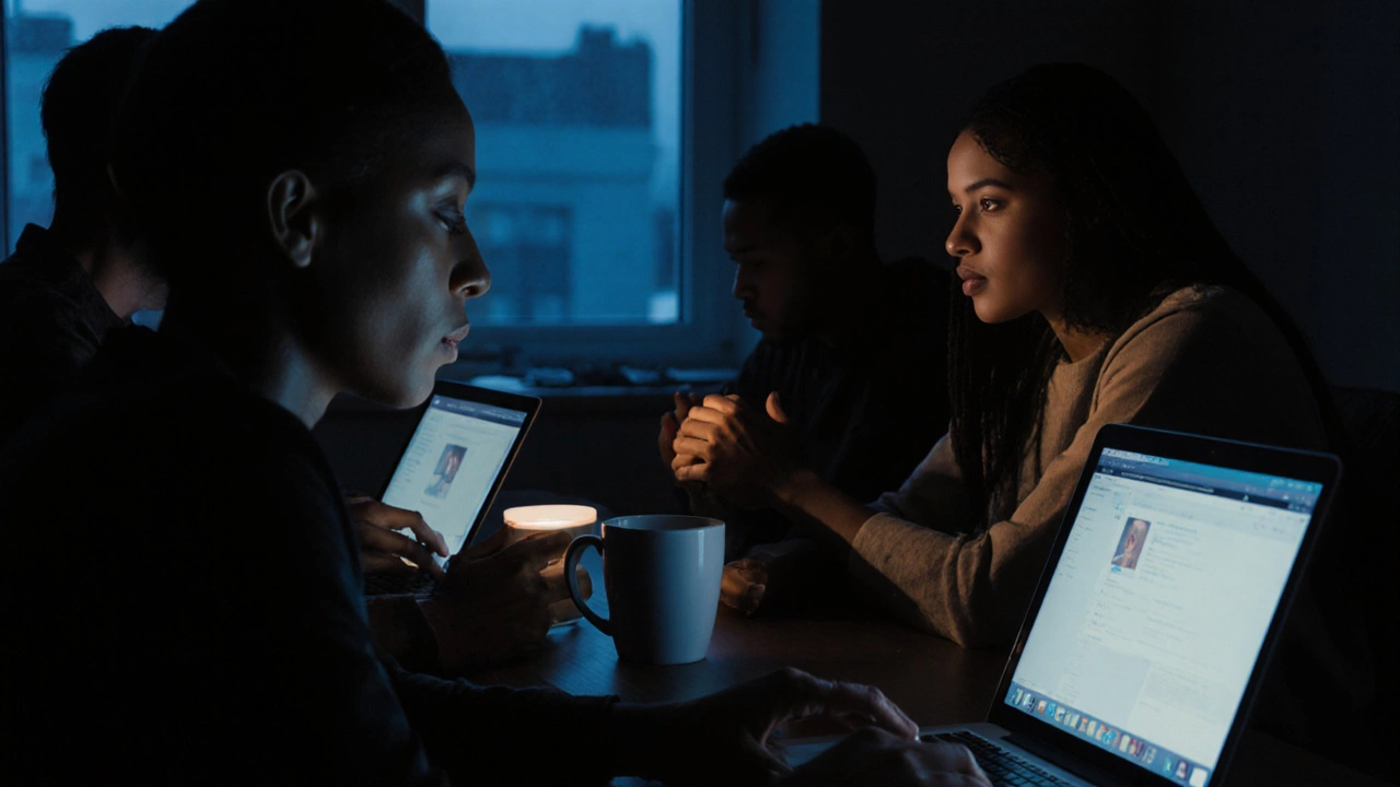 Люди участвуют в онлайн-сессии терапии, их лица освещены экранами в темноте, ощущение единства в одиночестве.