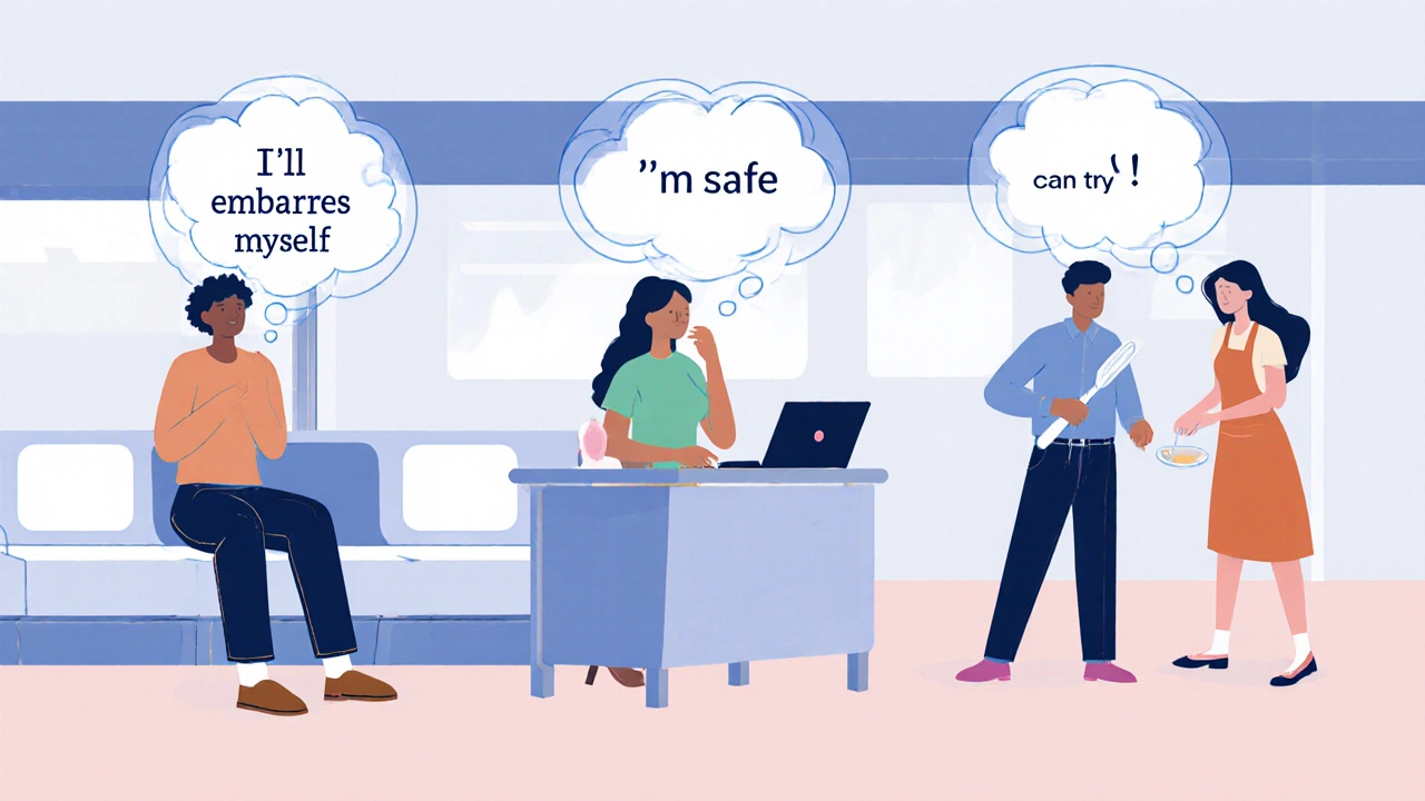 Люди в повседневных ситуациях, чьи искаженные мысли превращаются в рациональные — без текста, только визуальные пузыри