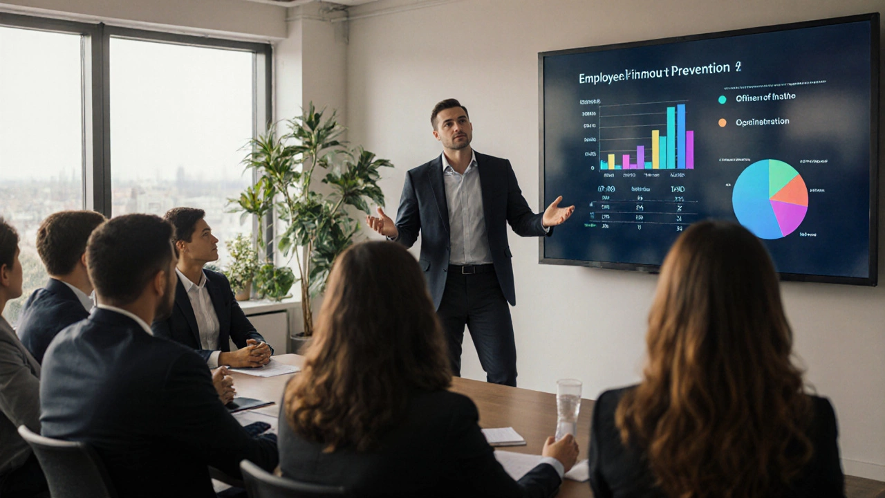 Организационный психолог проводит тренинг по предотвращению выгорания для сотрудников компании.