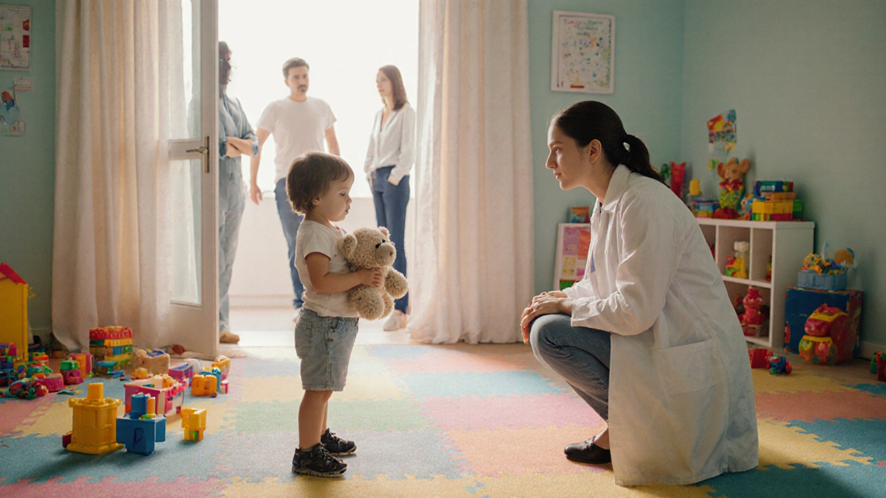 Педиатрический психолог играет с ребенком в игровой комнате, родители наблюдают сзади.
