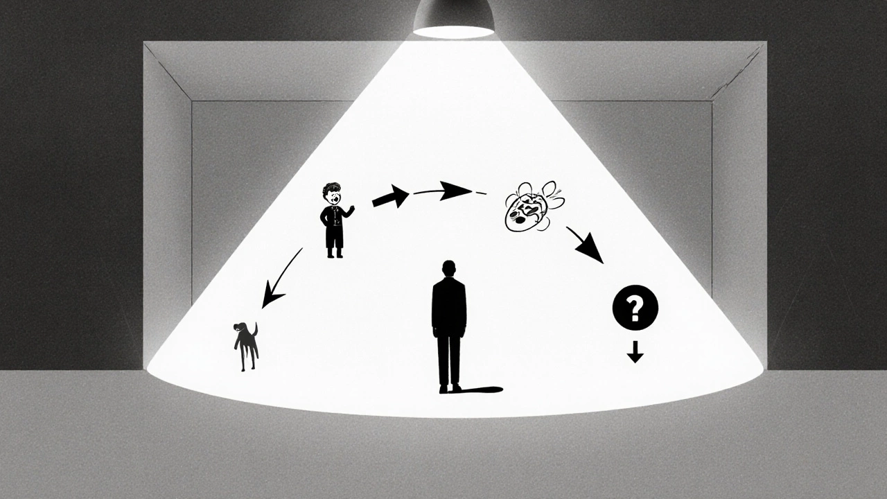 Person surrounded by arrows linking stimuli to behaviors in a stark, scientific setting.