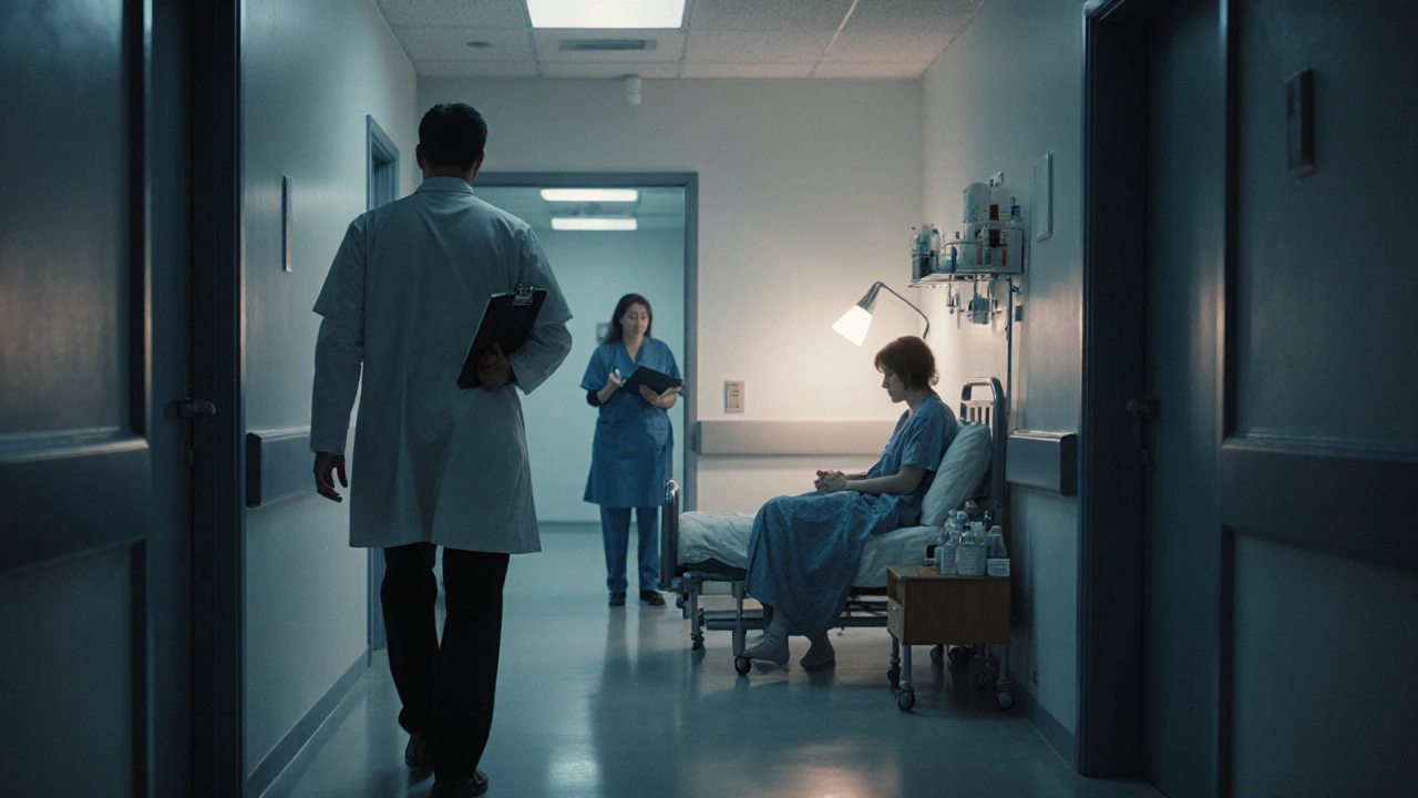 Психиатр в коридоре клиники, пациент на больничной койке под холодным светом.