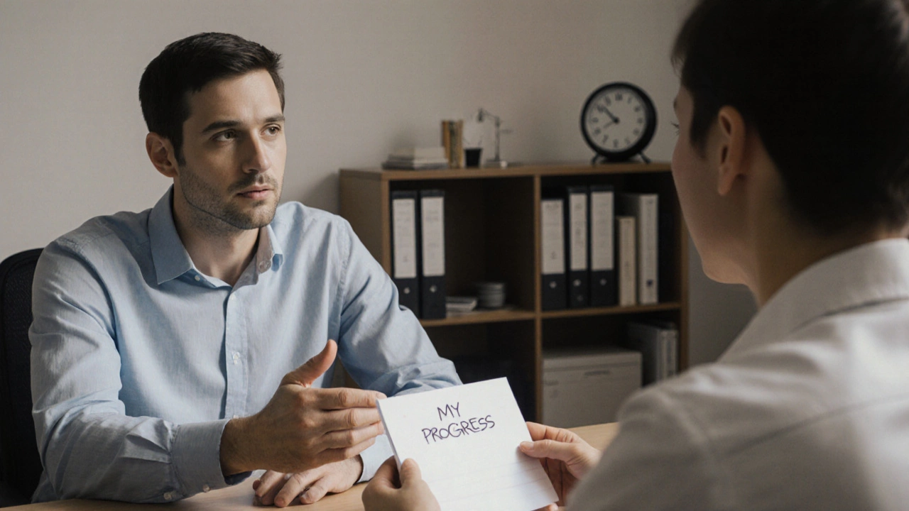 Психолог и клиент в офисе, клиент держит записку о прогрессе, выражение спокойное, сеанс подходит к концу.
