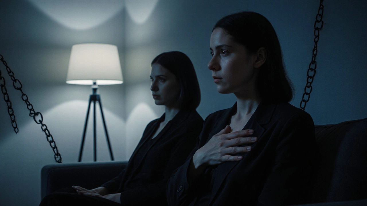 Психотерапевт и клиент на диване, клиент прижимает руку к груди, в глазах слезы.