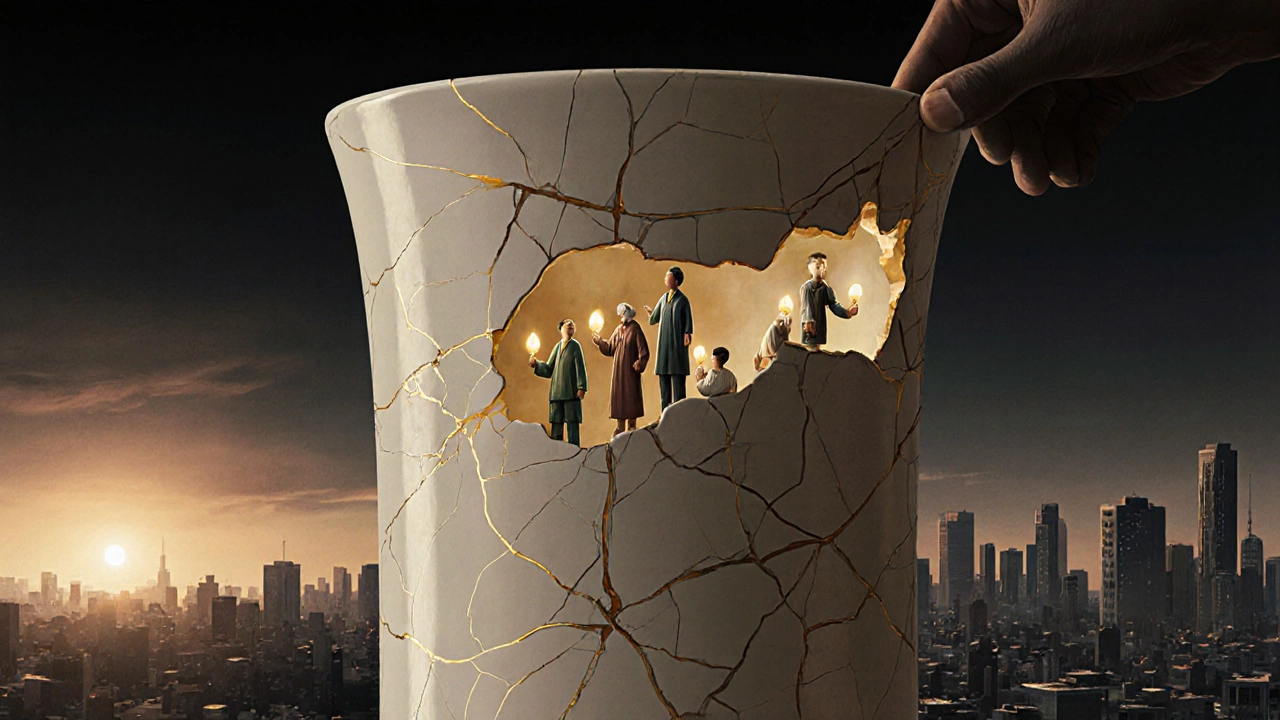 Разбитая ваза, залеченная золотом, из трещин выходят люди — символ исцеления через уязвимость.