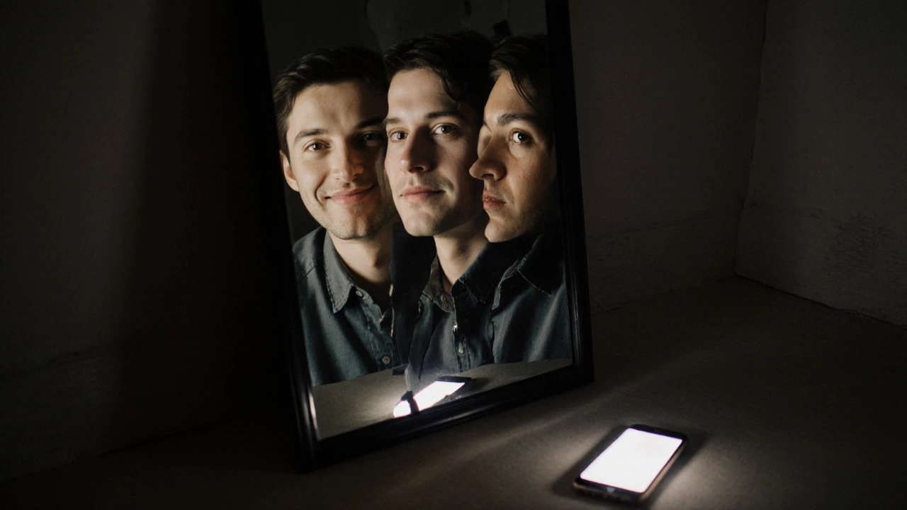 Разбитое отражение в зеркале: прошлое, настоящее и тень одного человека, рядом светится телефон.