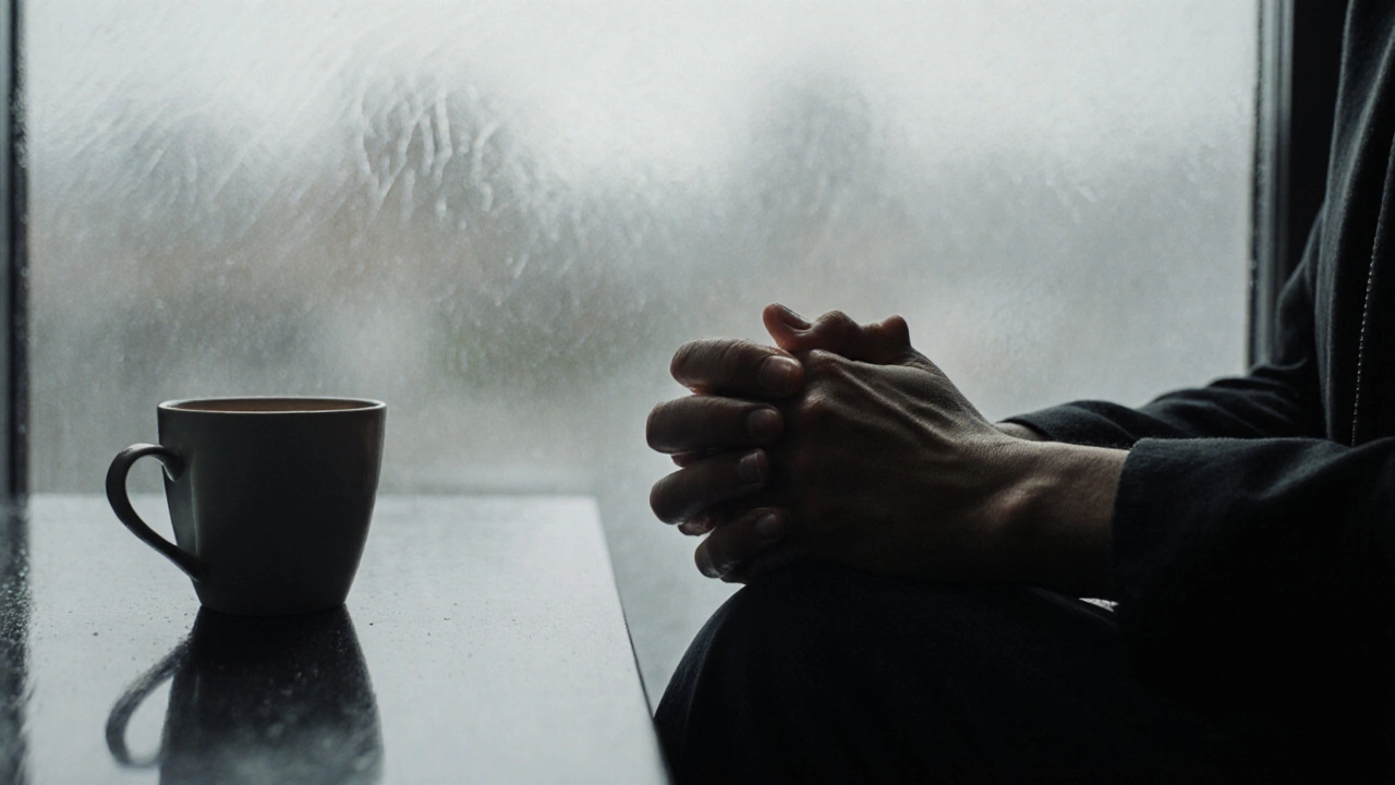 Руки человека на коленях, рядом полупустая чашка кофе, за окном дождь, атмосфера усталости и одиночества.