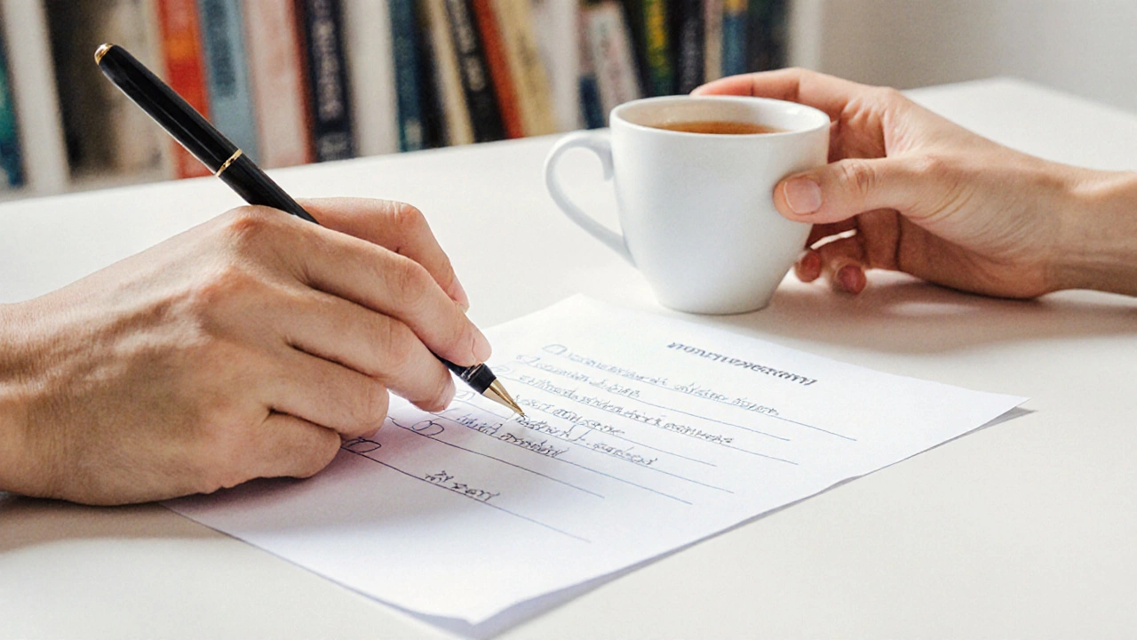 Руки держат список вопросов и чашку чая — подготовка к первому визиту к психологу.