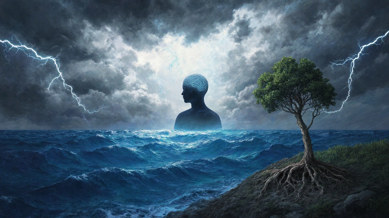 Спокойное озеро под бурным небом — символ внутренней устойчивости.