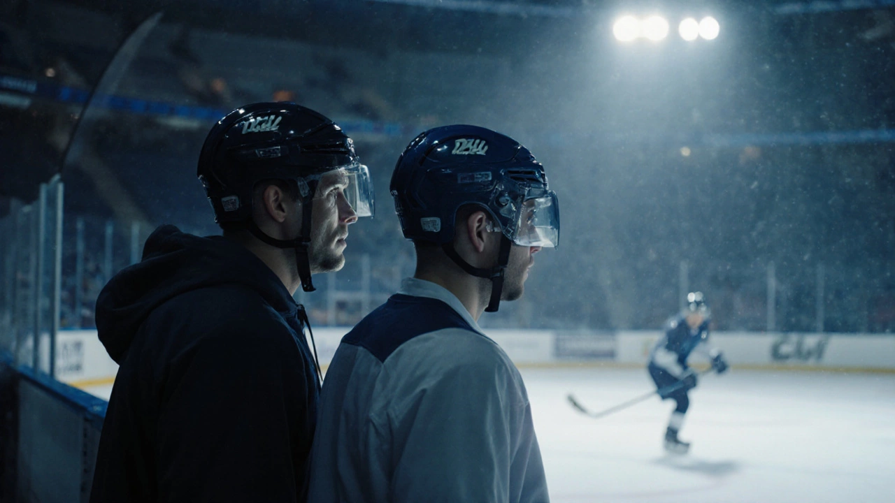 Спортивный психолог наблюдает за хоккеистом во время тренировки на арене.