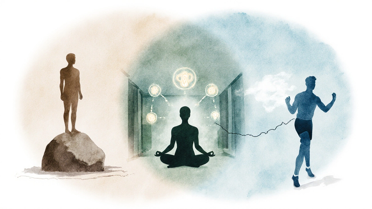 Три фигуры, представляющие разные пути к внутреннему спокойствию.