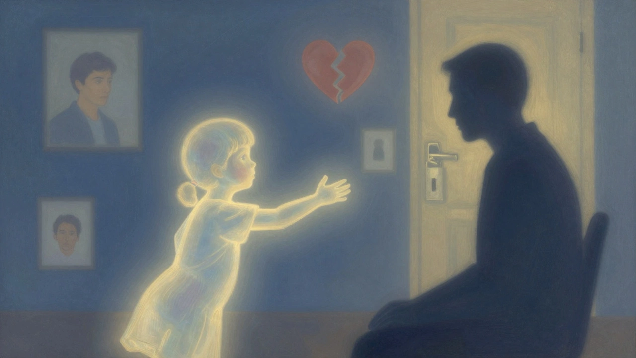 Абстрактное изображение детской фигуры, тянущейся к тени взрослого, окруженной фрагментами прошлых травм и закрытых дверей.