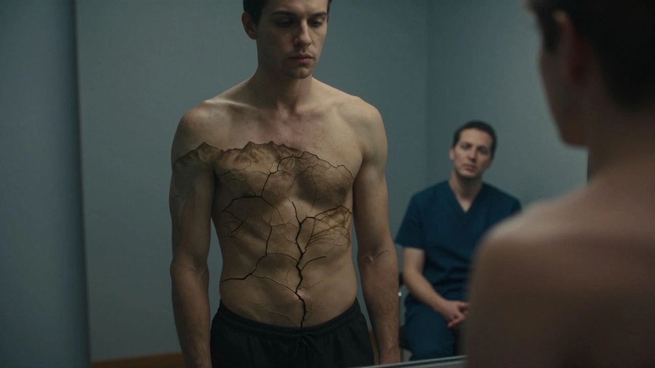 Человек смотрит в зеркало, где его тело превратилось в ландшафт боли, а рядом — спокойный терапевт.