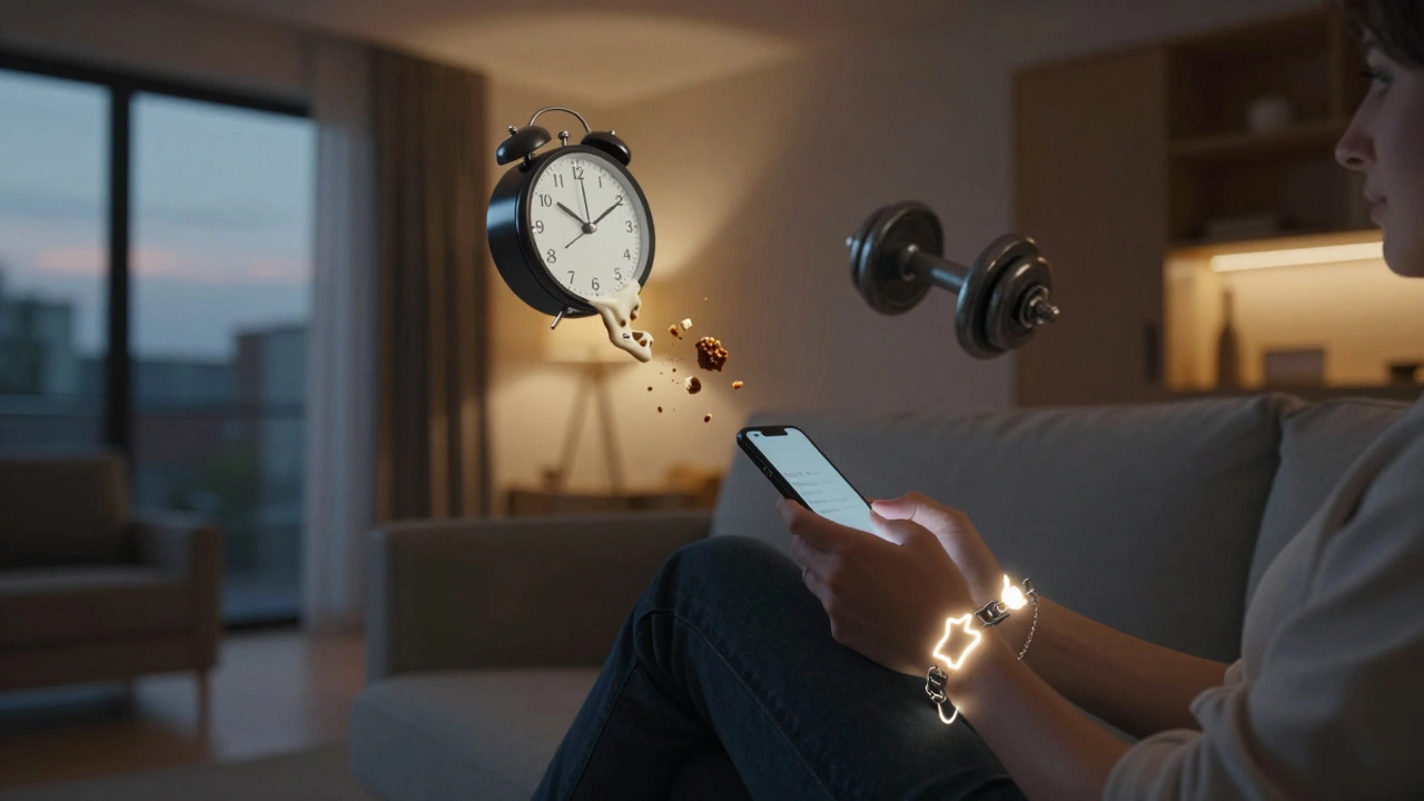 Человек в современной квартире, окруженный визуальными метафорами привычек и подкреплений.