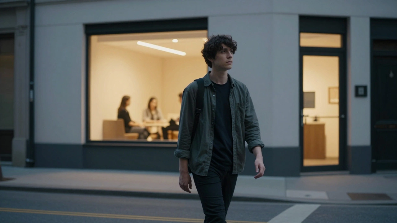 Человек выходит из здания после первого сеанса, чувствуя облегчение в сумерках.