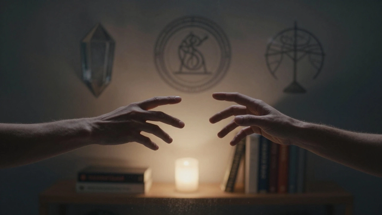 Две руки почти касаютсяся через прозрачную преграду, за ними — тускнеющие мистические символы и светящиеся книги по психотерапии.