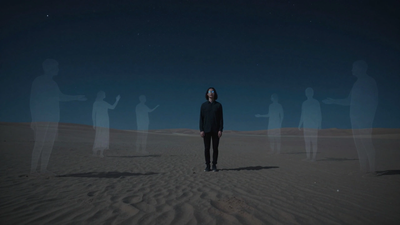 Фигура в пустыне под звездным небом, вокруг — невидимые силуэты людей, не влияющие на нее.