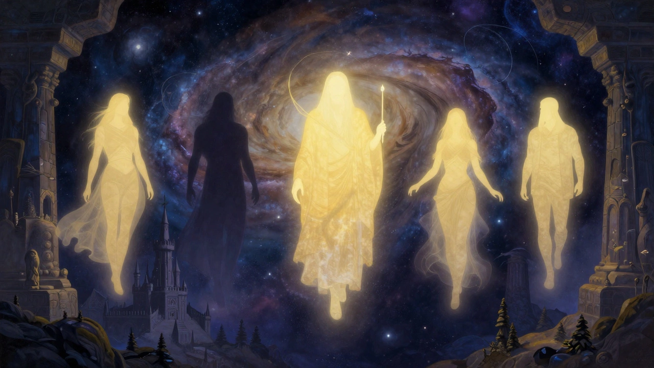 Космический пейзаж с пятью светящимися архетипами, вдохновленный Юнгом.