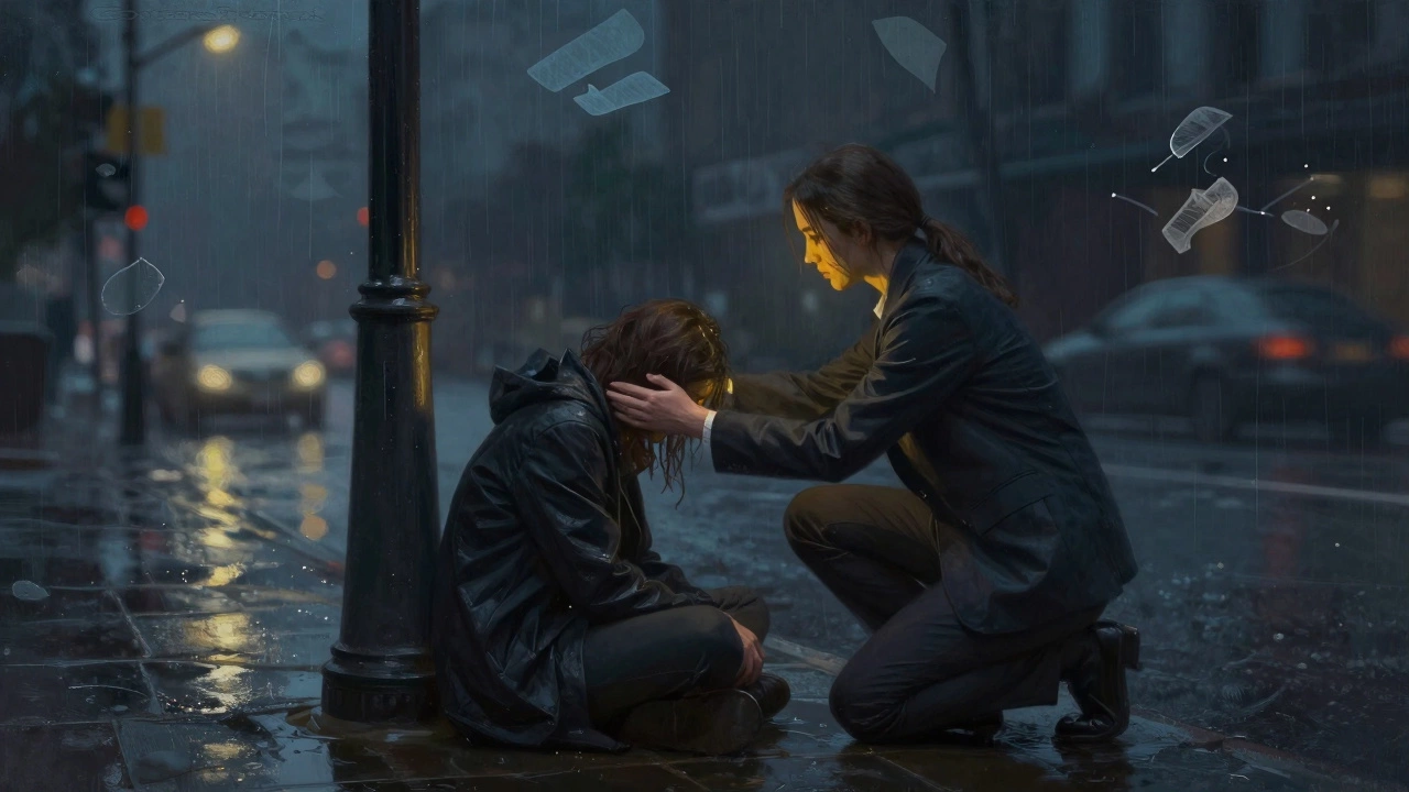 Психолог оказывает первую психологическую помощь пострадавшему после травмы ночью.