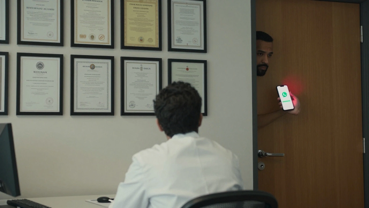 Психолог смотрит на научные работы, а за дверью — человек с телефоном, на котором видно сообщение — нарушение профессиональных границ.