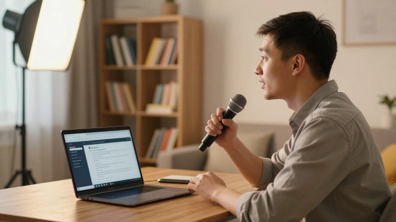 Психолог снимает онлайн-курс в домашней студии с профессиональным освещением.