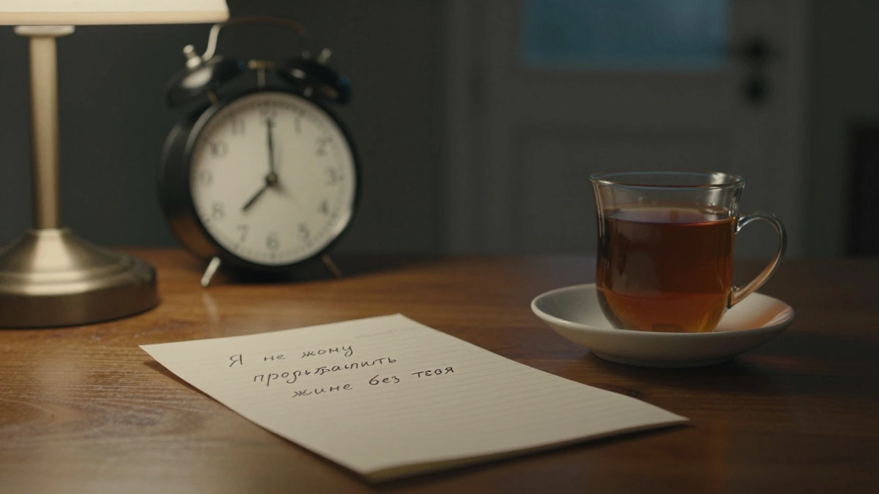 Развернутое письмо с эмоциональными словами на столе, рядом чашка чая, за окном — темный коридор с приоткрытой дверью кабинета психолога.