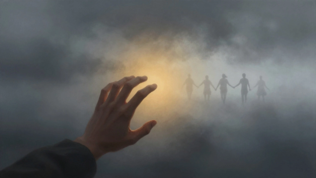 Рука тянется к свету из темного тумана, символизируя надежду в момент кризиса.