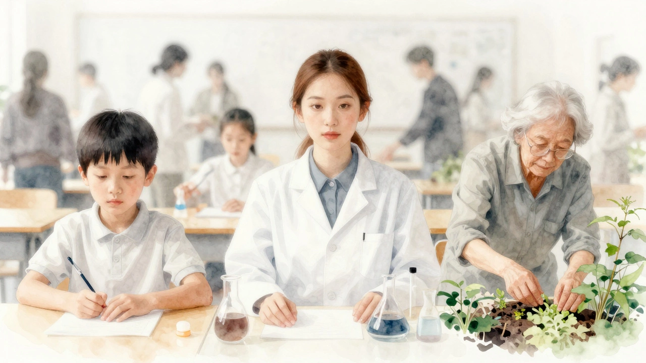 Три прозрачных портрета одного человека в разные возрасты, окруженные размытыми толпами, без эмоций.