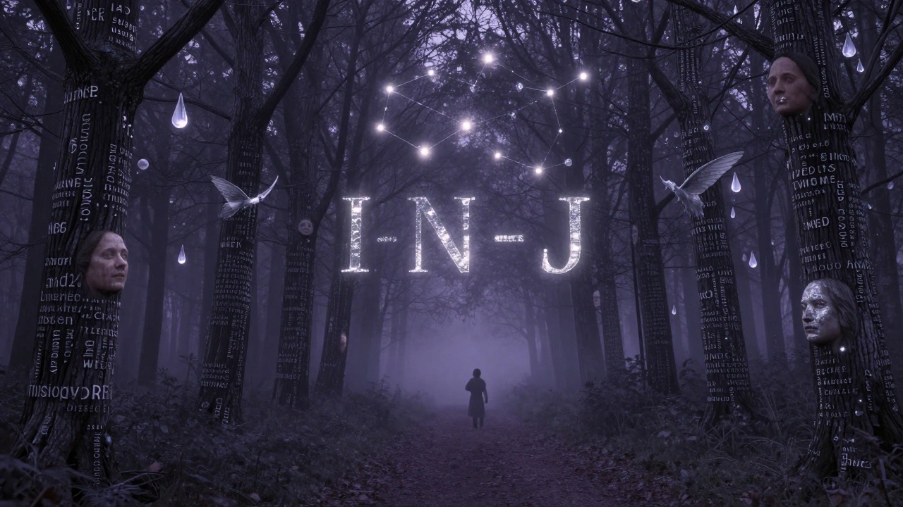 Абстрактный лес из слов и эмоций, звезды образуют буквы INFJ в тумане.
