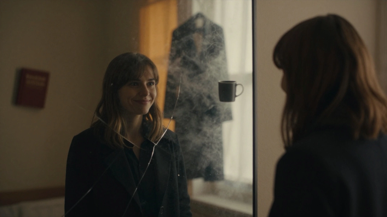 Человек смотрит в зеркало, где его отражение раздвоено — одна часть живая, другая пустая.