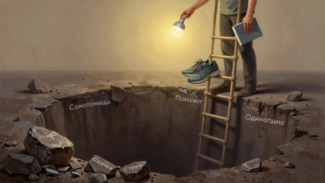 Человек тянется к лестнице с помощью самопомощи, внизу — провалы страха и одиночества.