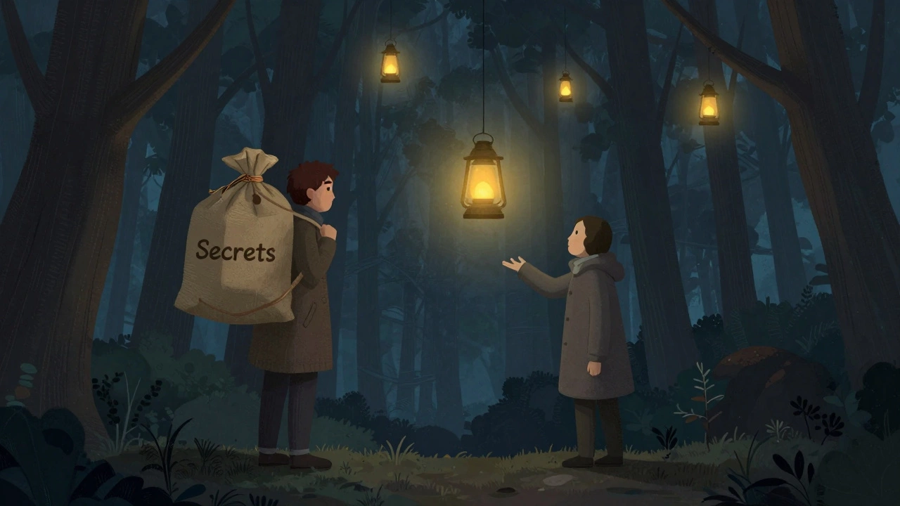 Человек у края леса с мешком секретов, к нему тянется рука спокойного человека с фонариком.